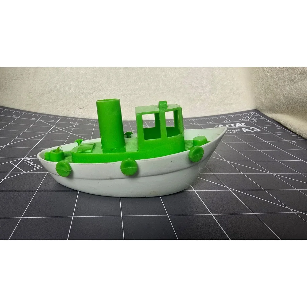 Vintage Green and White Plastic Tugboat Toy Made in USA Bath Boat 5 Inch